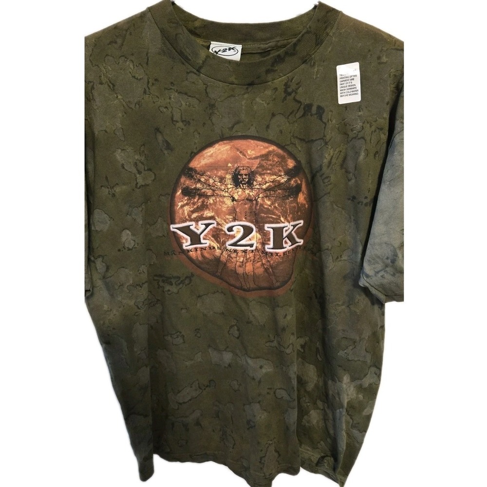 Vintage Y2K Vitruvian Man T Shirt Olive‎ Acid Wash Graphic Tee Medium USA